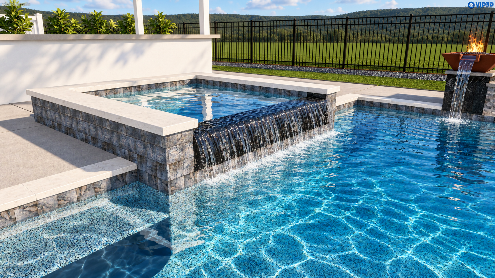 3D concept: Raised spa & waterfall