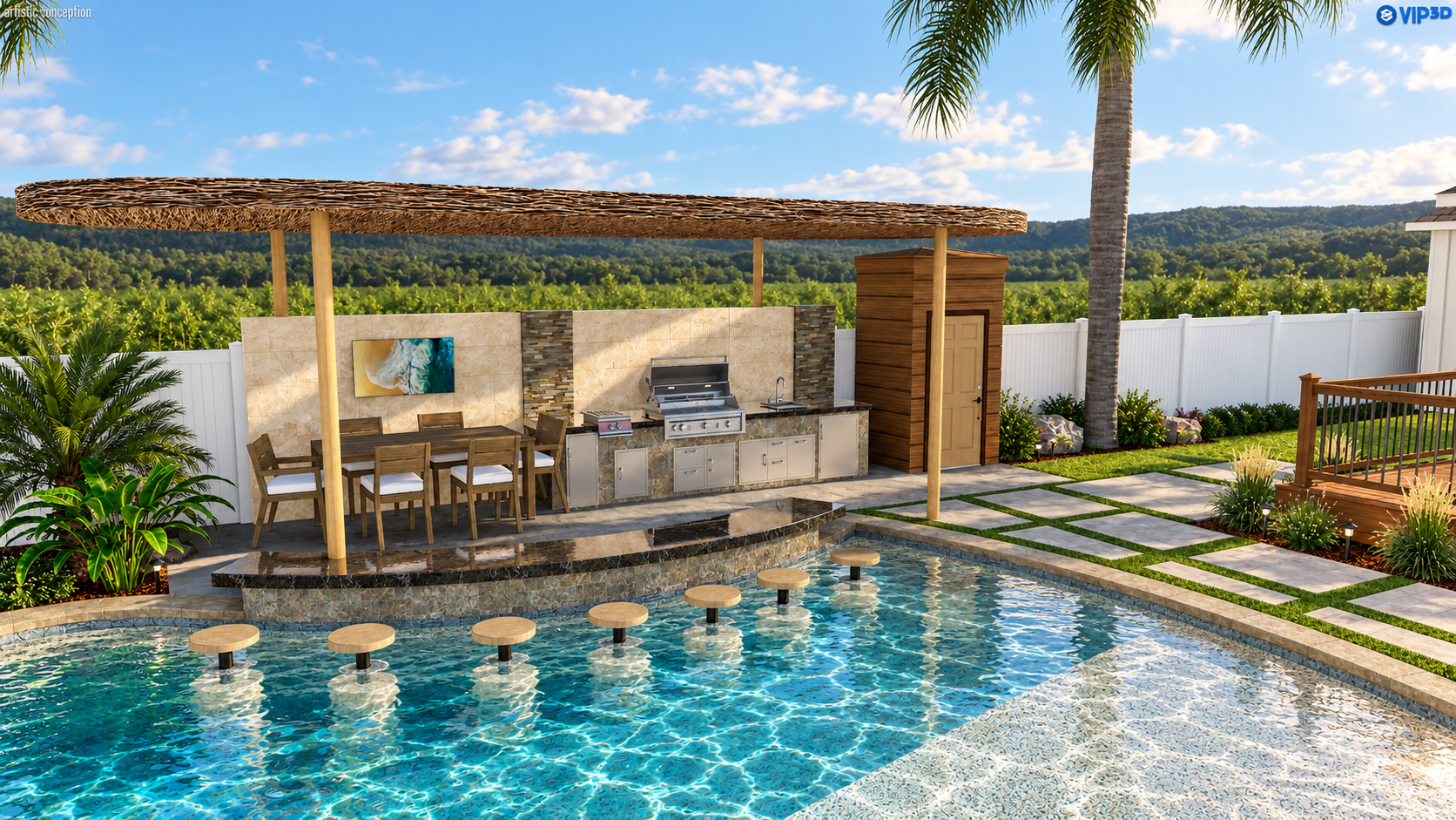 3D concept: Swim-up bar & outdoor kitchen