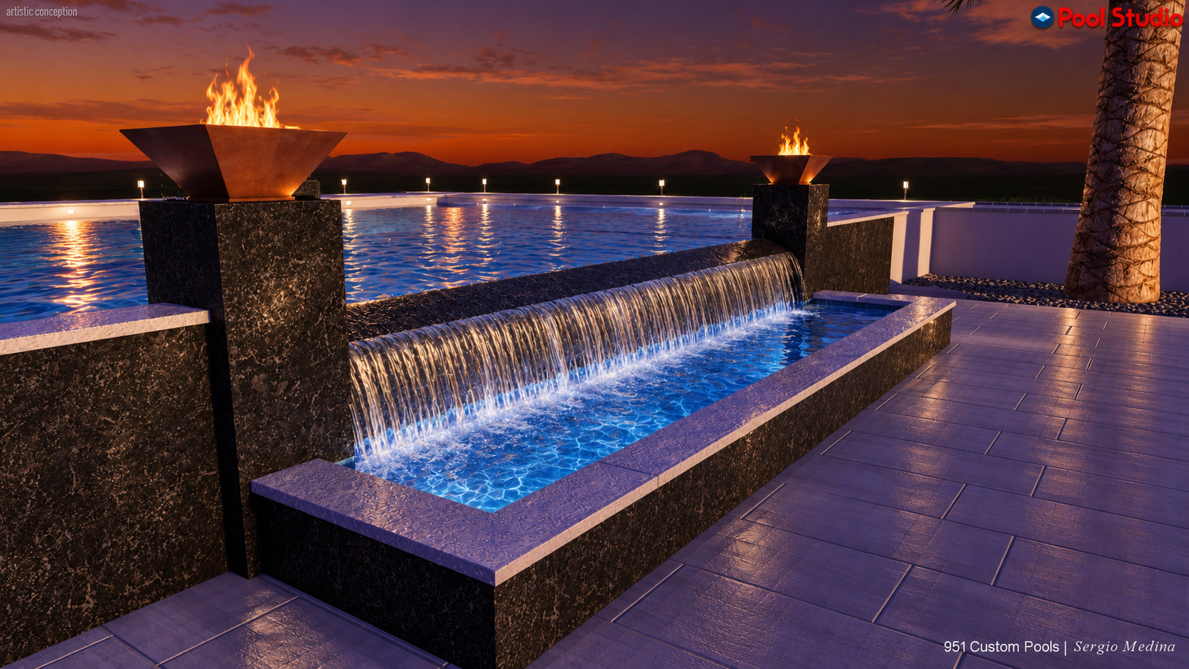 3D concept: Evening spillway & fire bowls
