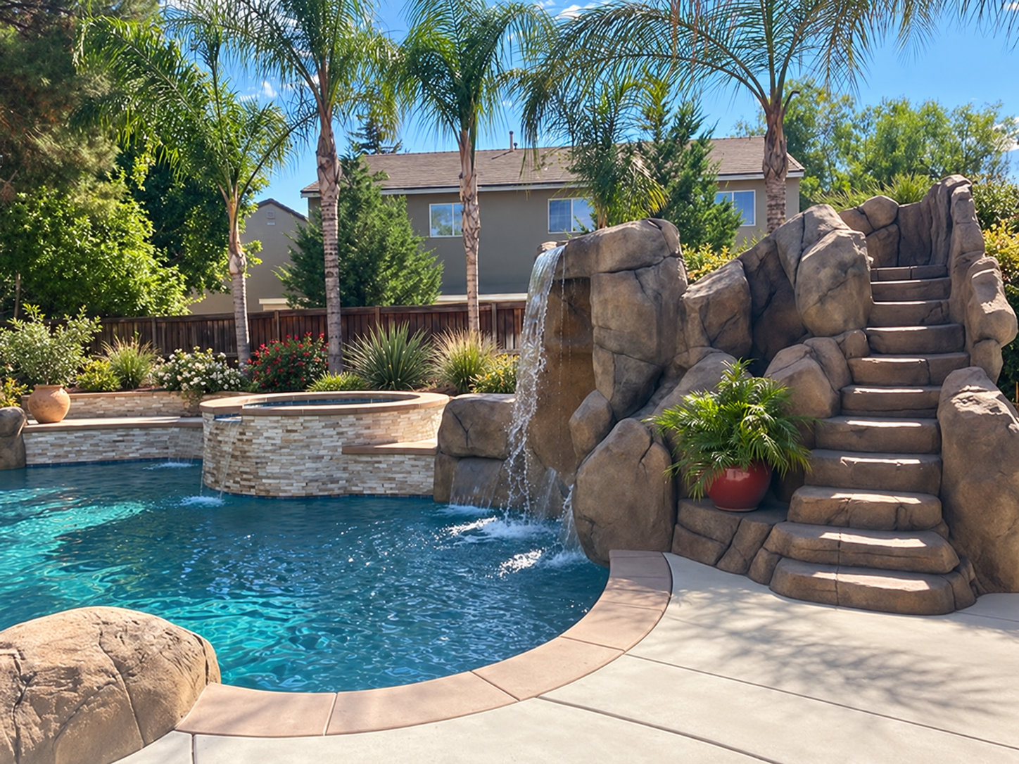 Pool, spa & rock waterfall from 951 Custom Pools Inc. Instagram