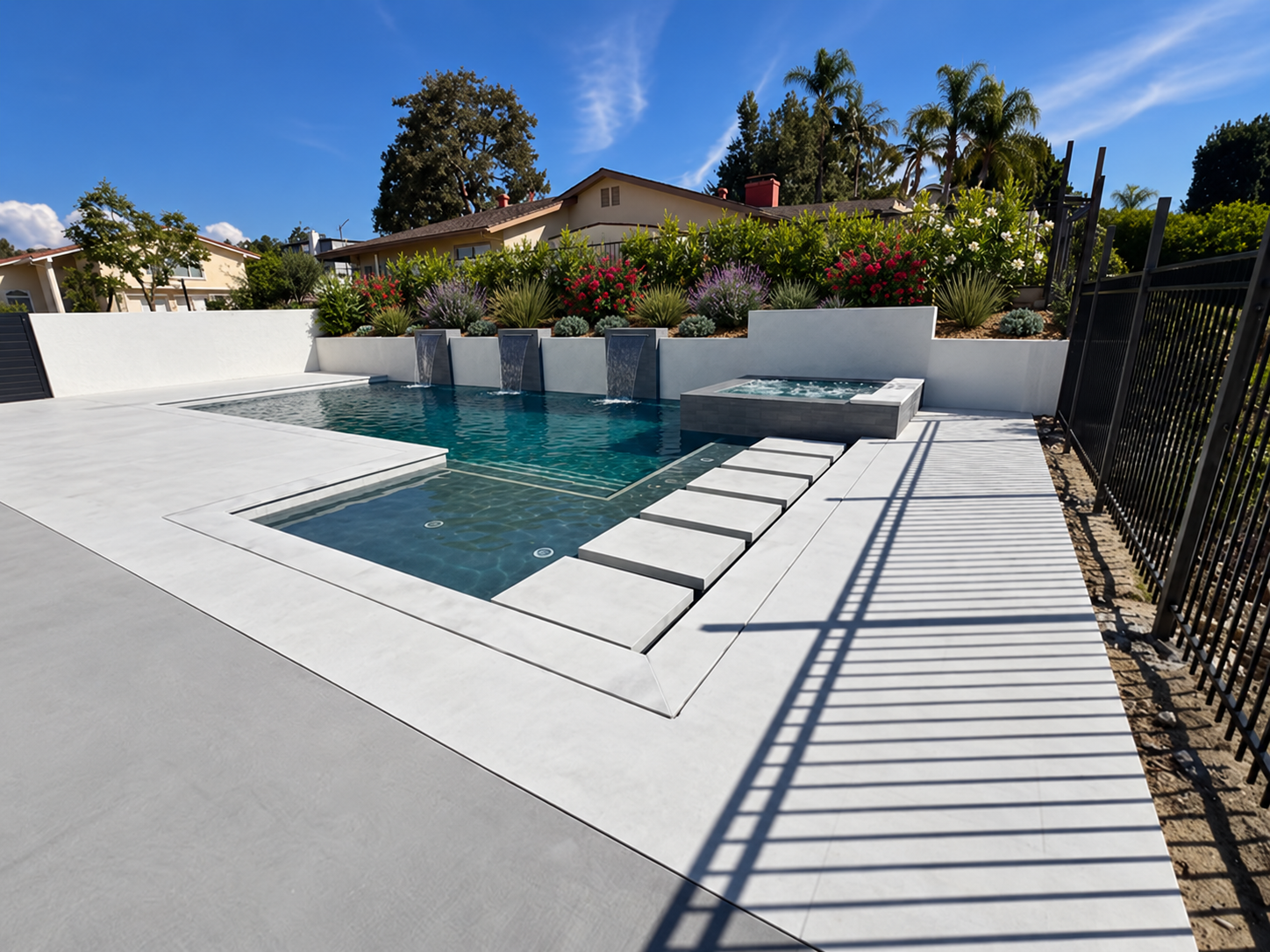Modern backyard layout from 951 Custom Pools Inc. Instagram